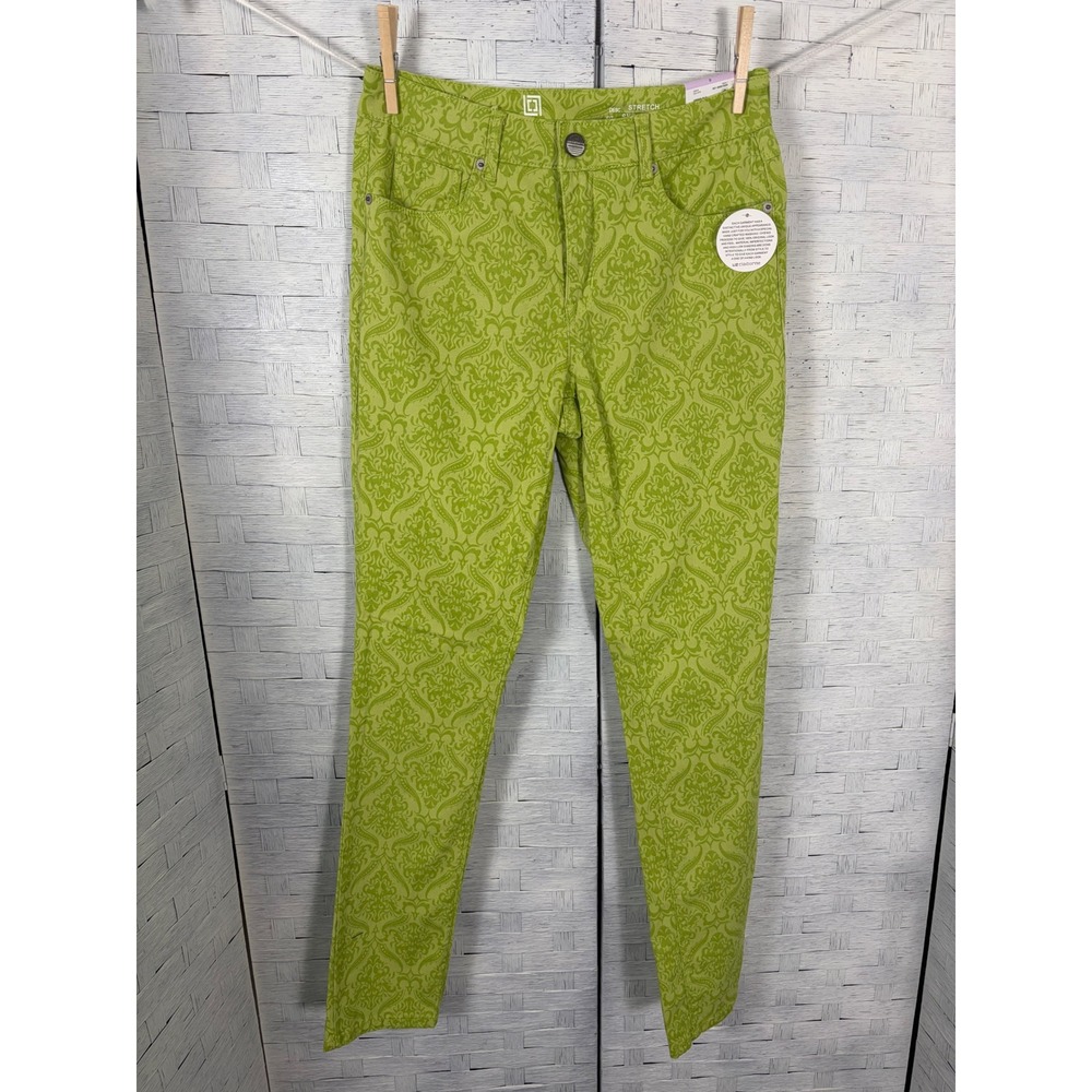 Liz Claiborne Womens Jeans Green Damask Print Slim Leg Skinny Stretch Preppy